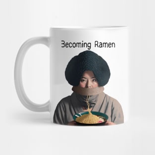 Becoming Ramen No. 2 -- Asian woman eating a bowl of ramen noodles wearing a stylish avant-garde hat Mug